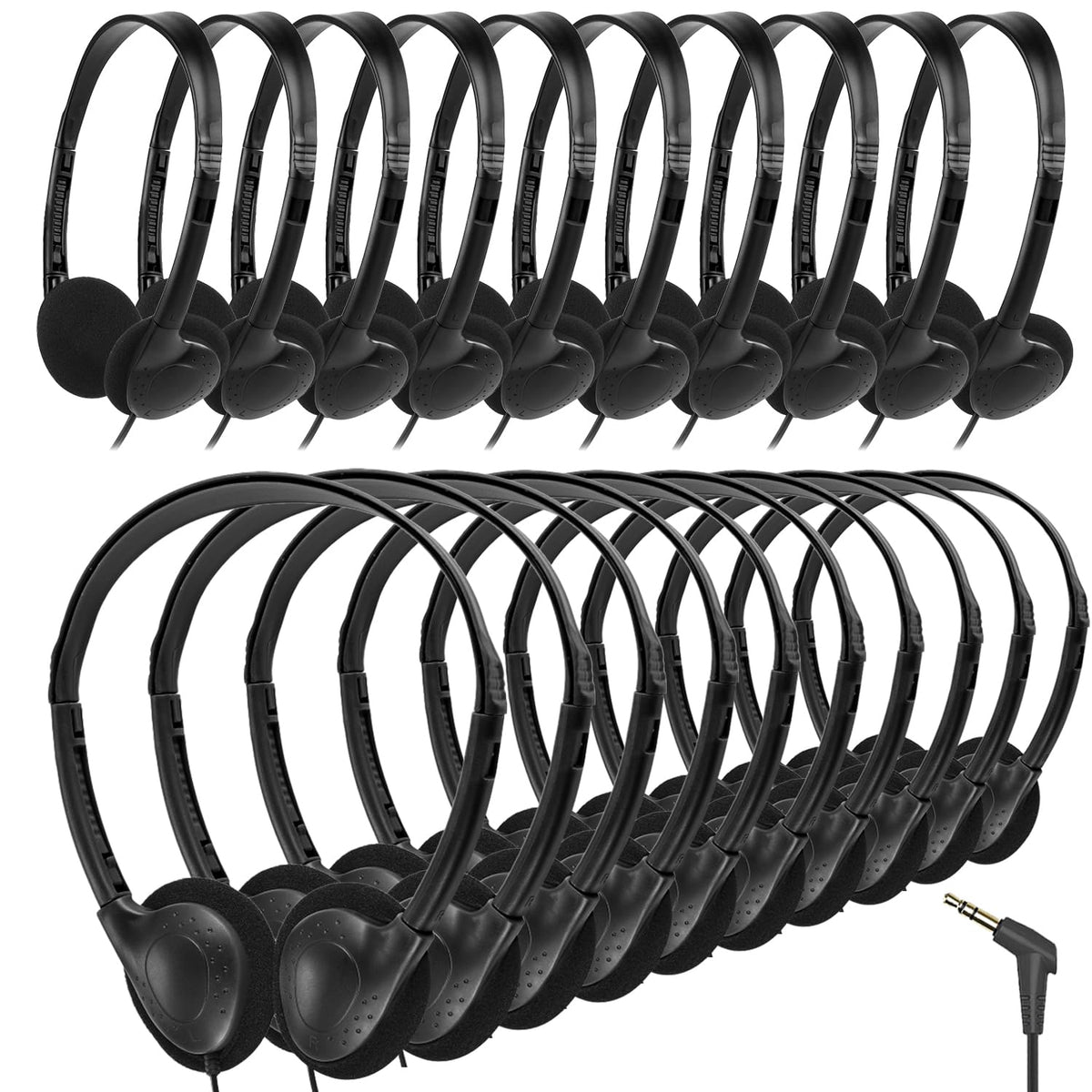 Gaosen front packaging of 20-pack classroom headphones shows durable set and quick setup benefit