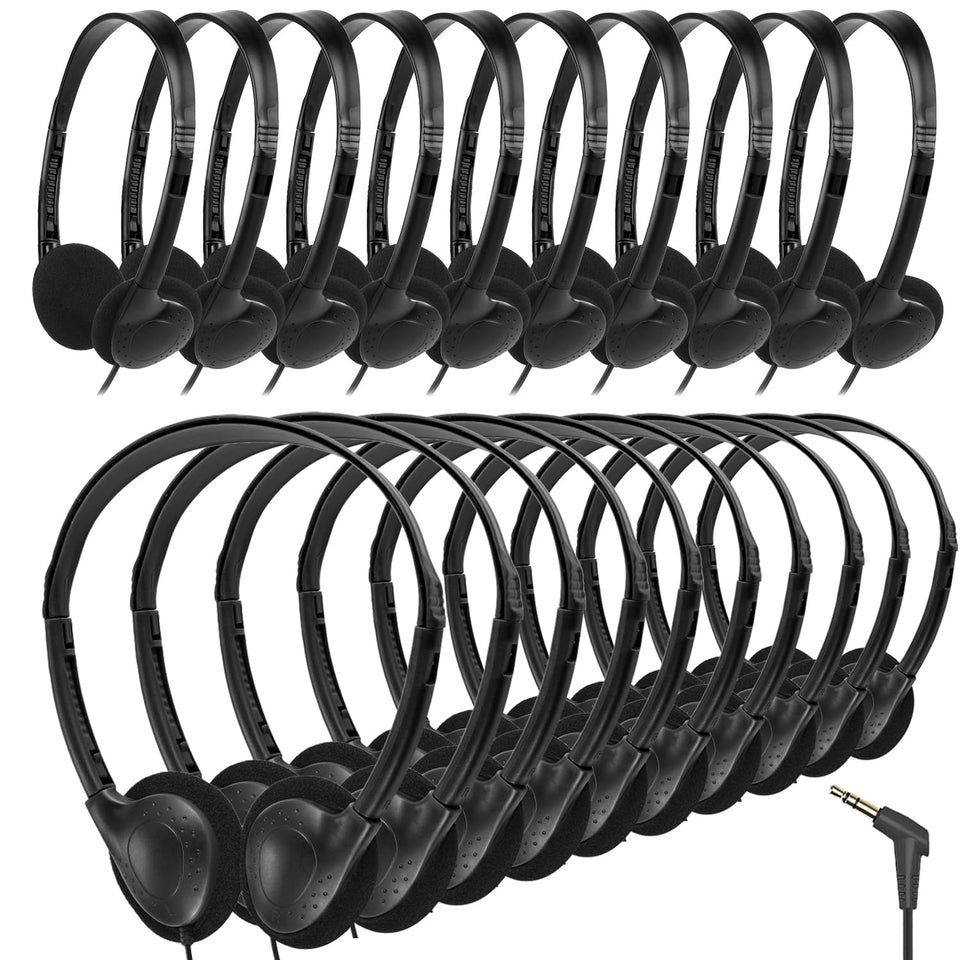 Gaosen front packaging of 20-pack classroom headphones shows durable set and quick setup benefit