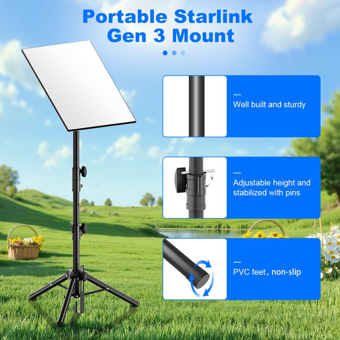 Gaoymsym tripod with Starlink Gen3 mounted demonstrating in-use stability