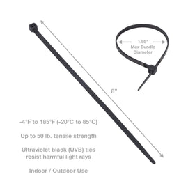 Gardner Bender 8-inch tie next to ruler showing length and scale