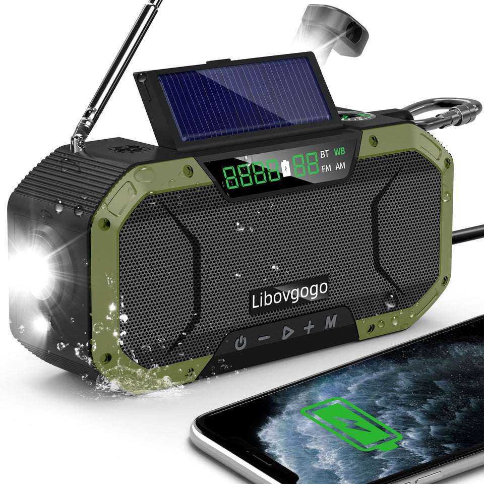 Garinosen emergency radio with waterproof Bluetooth speaker for outdoor reliability.