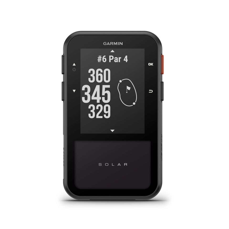 Garmin Approach G20 Solar display shows bright yardages for quick on-course reads.