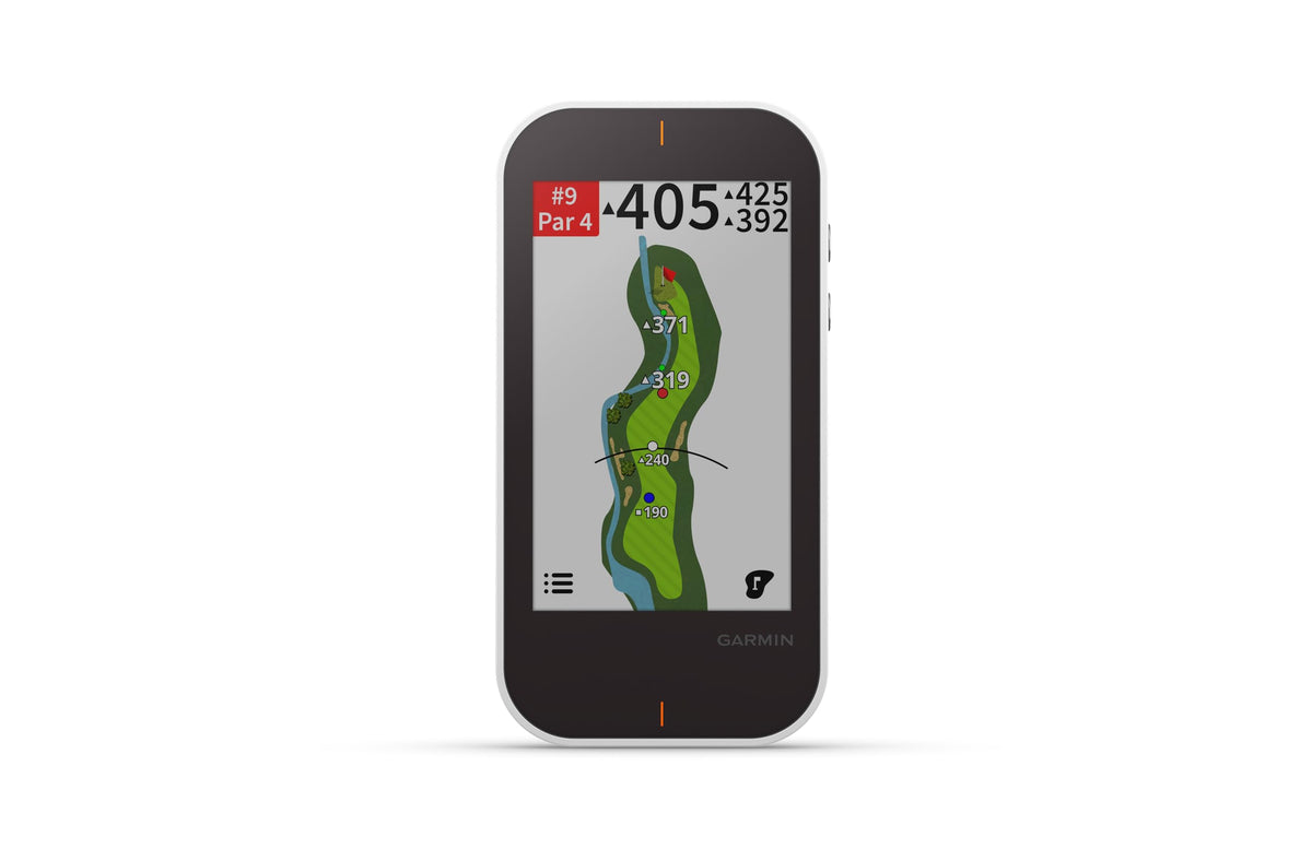 Garmin Approach G80 front view showing a compact handheld device for on-course GPS and metrics.