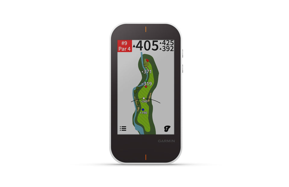 Garmin Approach G80 front view showing a compact handheld device for on-course GPS and metrics.