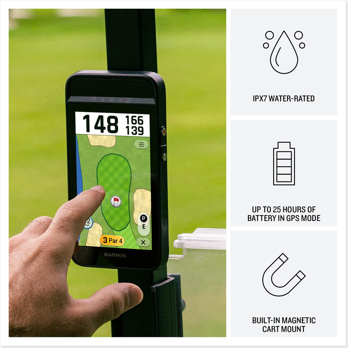 Garmin Approach G82 putting metrics measure stroke length and tempo on green practice.
