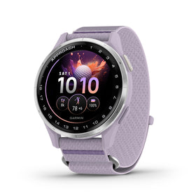 Garmin Approach J1 lilac AMOLED display provides clear on-wrist viewing during practice.