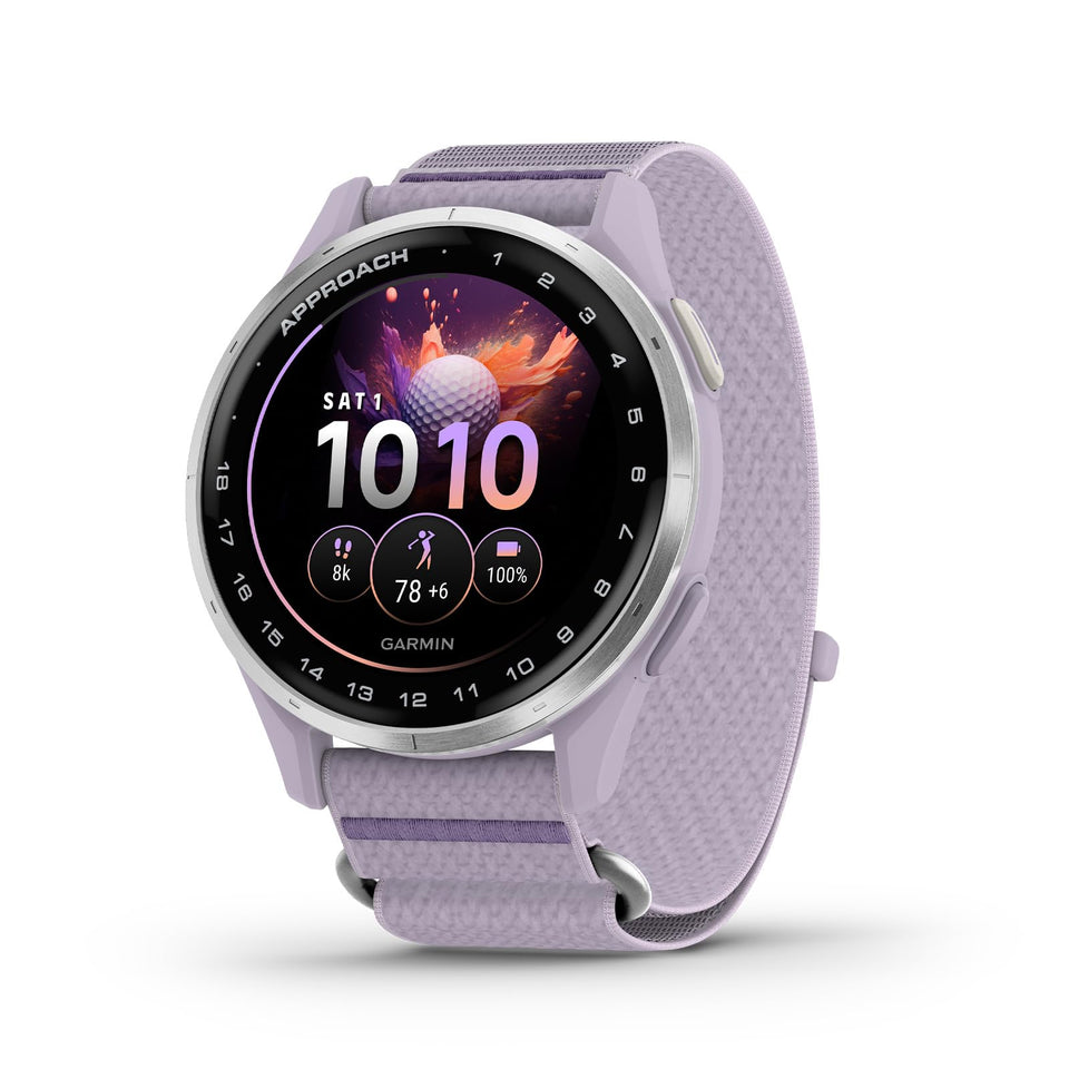 Garmin Approach J1 lilac AMOLED display provides clear on-wrist viewing during practice.