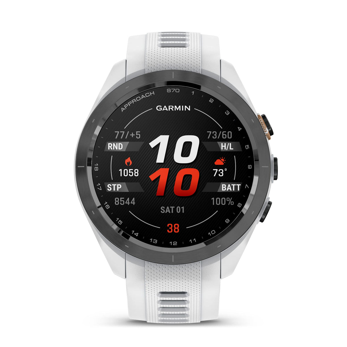 Garmin Approach S70 with AMOLED display shows 43,000 CourseView maps on the wrist.