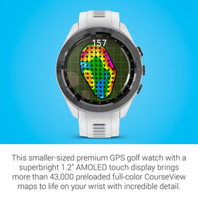 Garmin Approach S70 battery life up to 10 days smartwatch mode and 15 hours GPS mode.