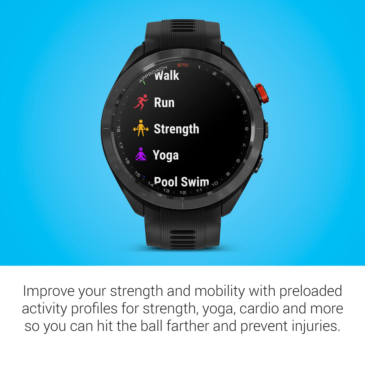 Garmin Approach S70 preloaded training profiles support strength and cardio workouts.