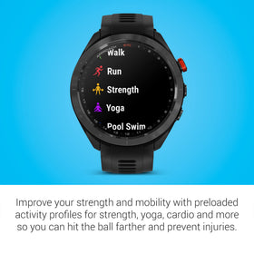 Garmin Approach S70 preloaded training profiles support strength and cardio workouts.