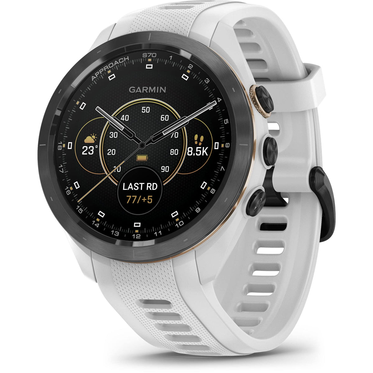 Zoomable CourseView maps on the Garmin Approach S70 for precise target distances.