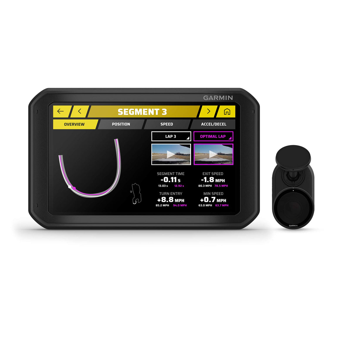 Garmin Catalyst cockpit mount secures the device for on-track coaching.