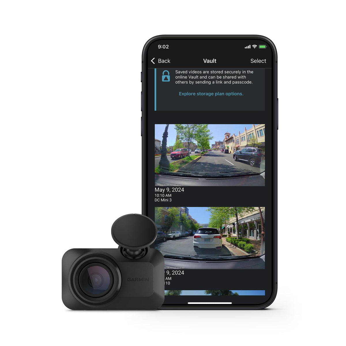 Garmin Dash Cam Mini 3 front view captures the 140° field of view for broad incident coverage.