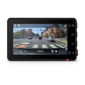 Garmin Dash Cam X210 front view showing compact design and wide field of view for on-road coverage.