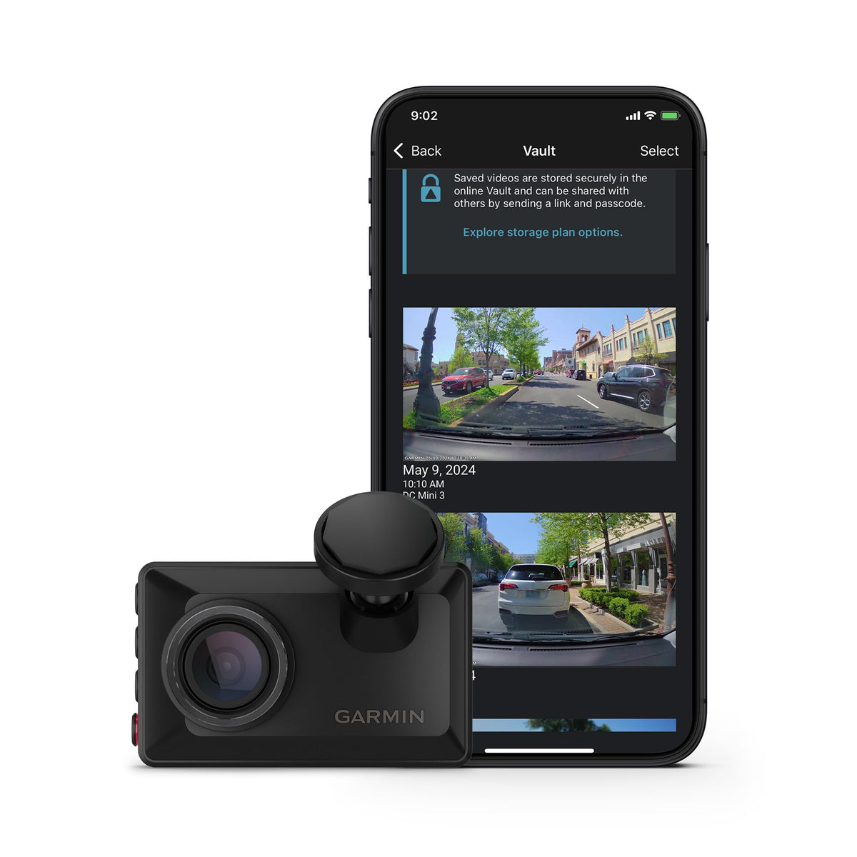 Garmin Dash Cam X210 side profile highlighting discreet windshield integration.