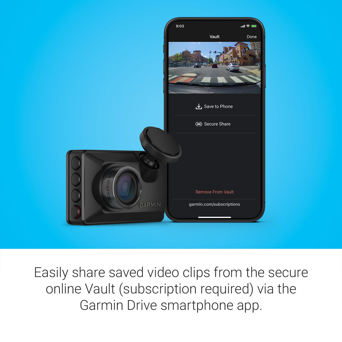 Garmin Dash Cam X210 voice-control enables hands-free saving and commands.