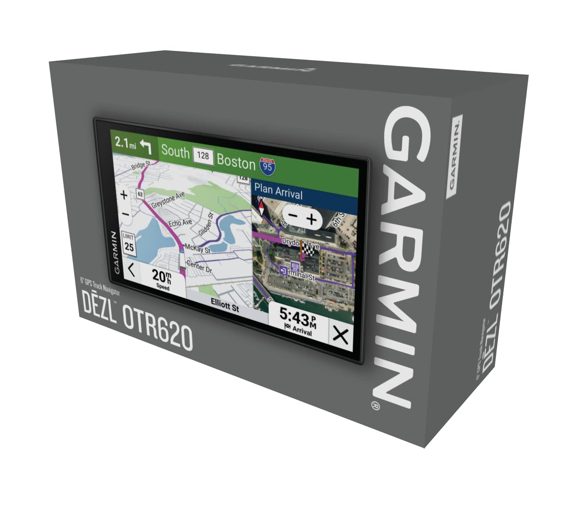 Garmin dēzl OTR620 road maps detail supports planning.
