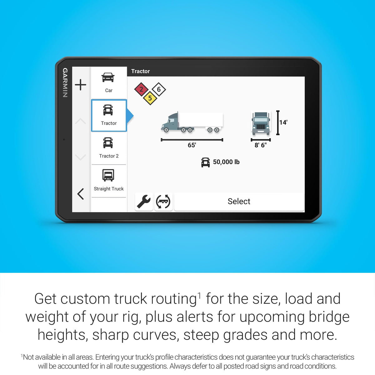 Garmin dezl OTR820 shows nearby truck parking and loading docks for planning.