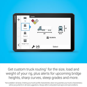 Garmin dezl OTR820 shows nearby truck parking and loading docks for planning.
