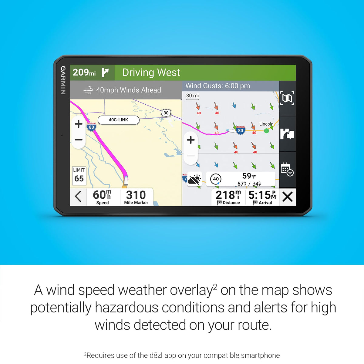 Garmin dezl OTR820 wind overlay highlights weather routing considerations.