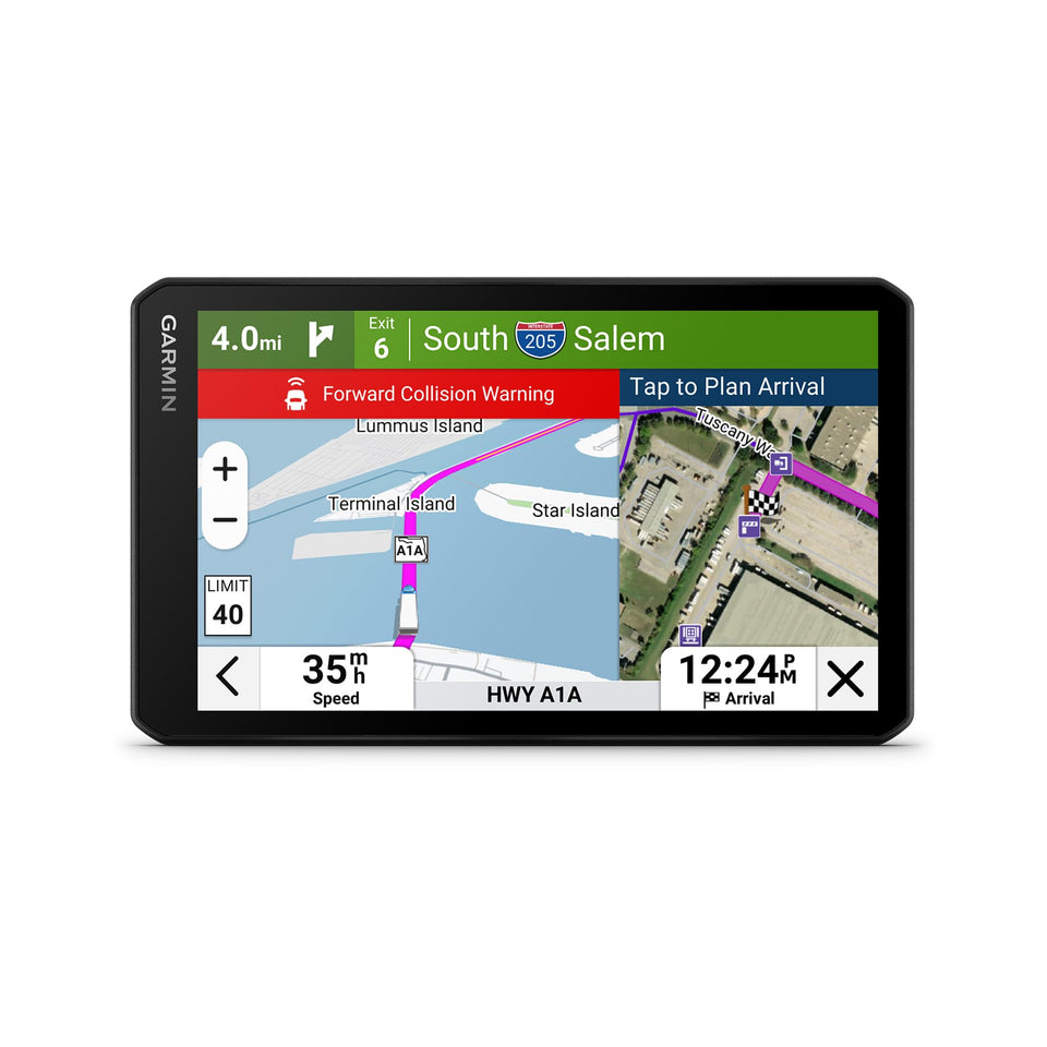 Garmin dēzlCam OTR725 dashboard view shows a bright 7-inch display for clear navigation.