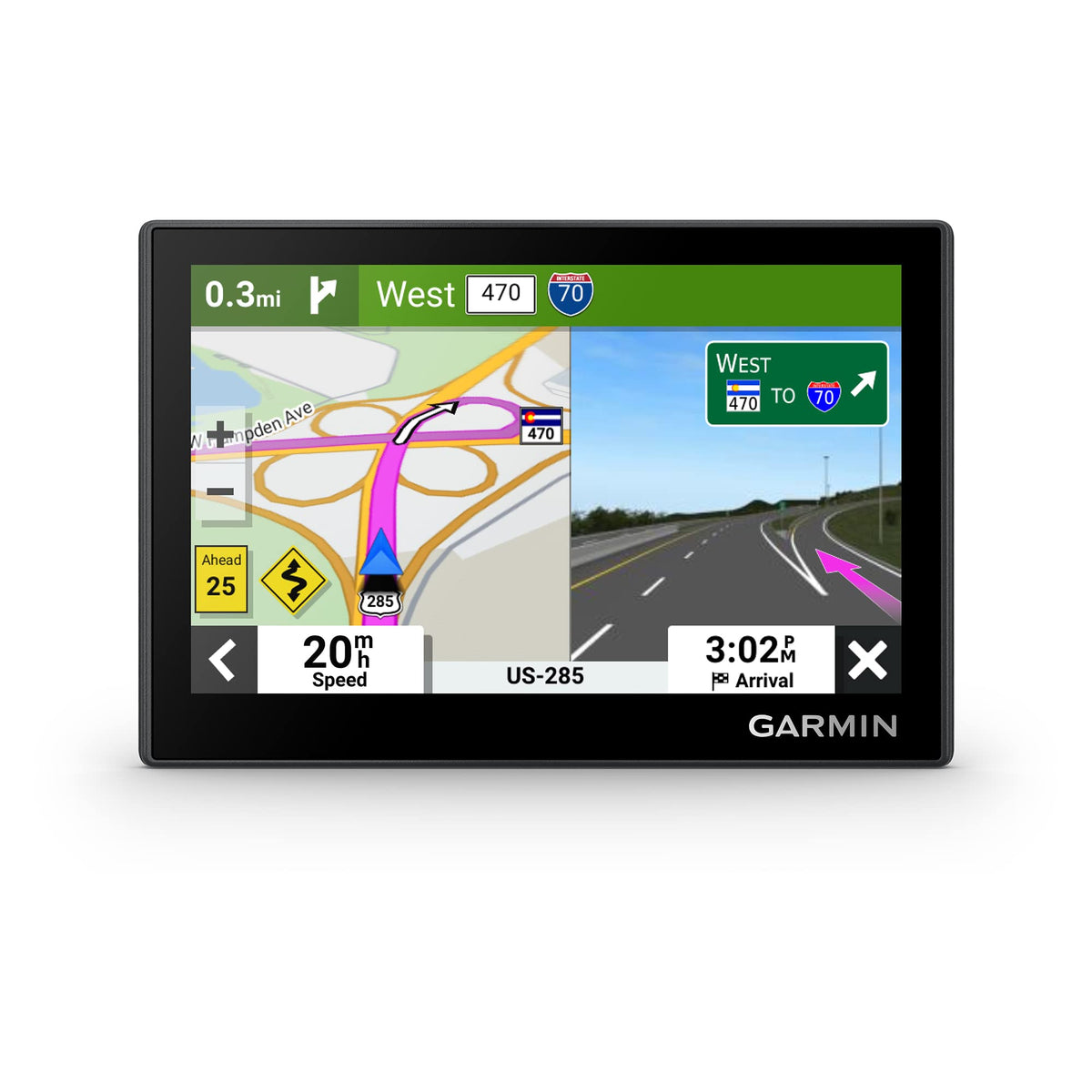 Garmin Drive 53 high-res touchscreen for clear route viewing and easy navigation.