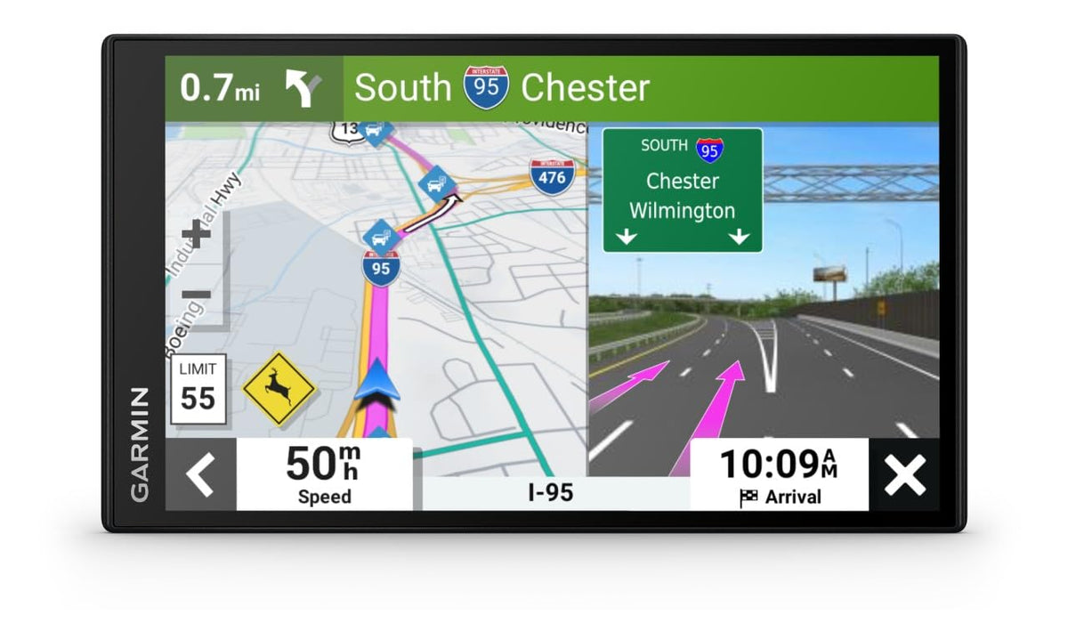 Garmin DriveSmart 55 EX with bright display guiding your route