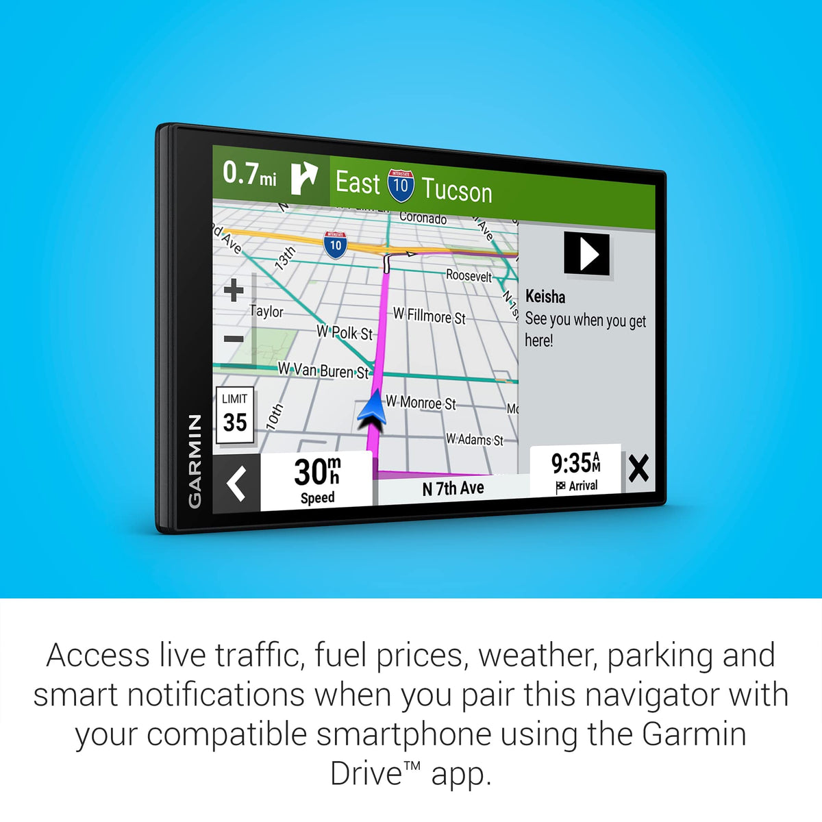 Garmin DriveSmart 86 dual USB charger keeps devices powered on trips.