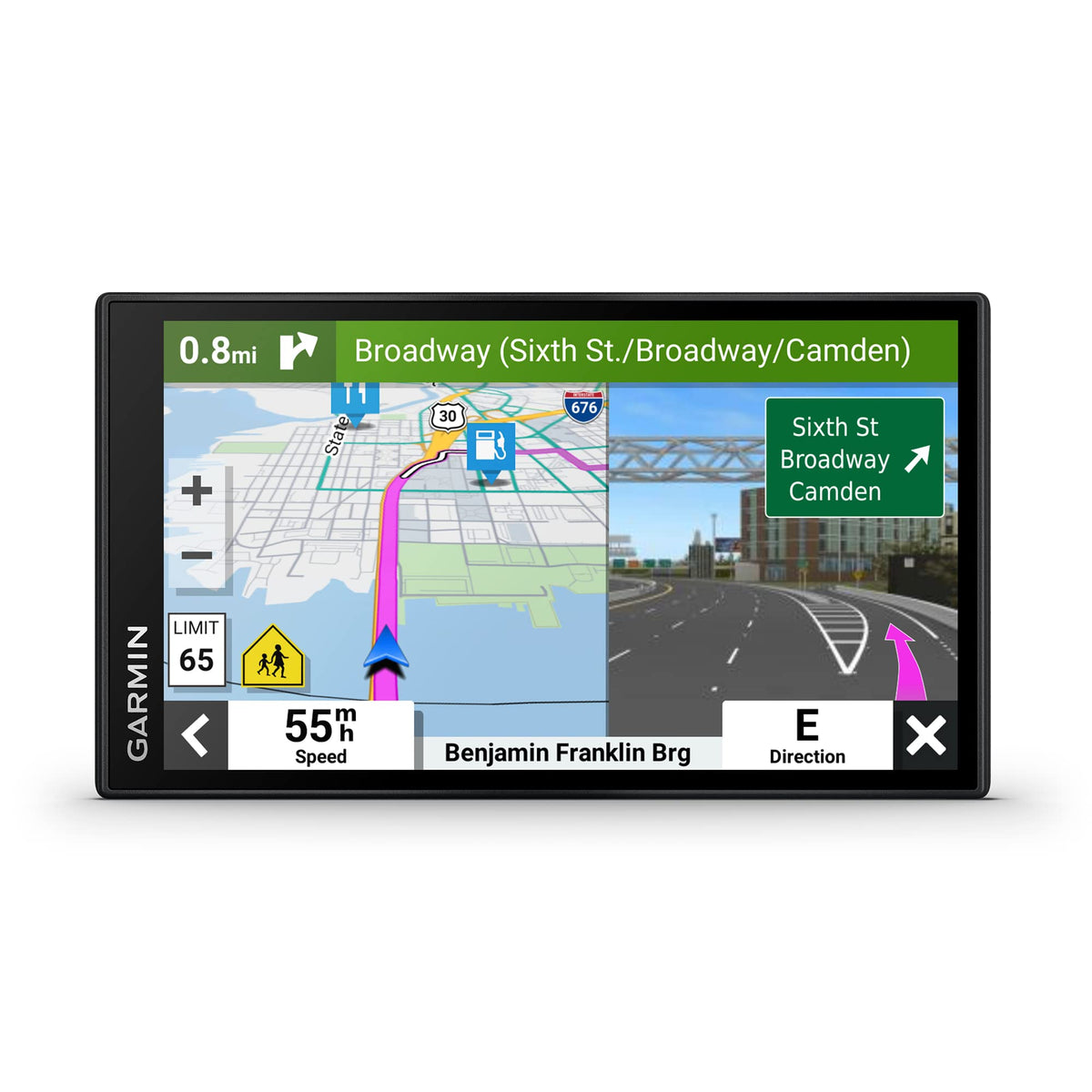 Garmin DriveSmart66 6-inch display delivers clear maps for easy navigation.