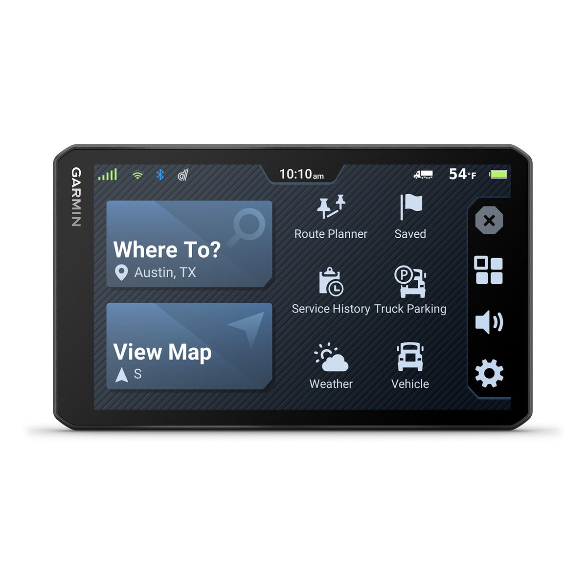 Garmin dēzl OTR720 showing custom truck routing based on vehicle size and weight