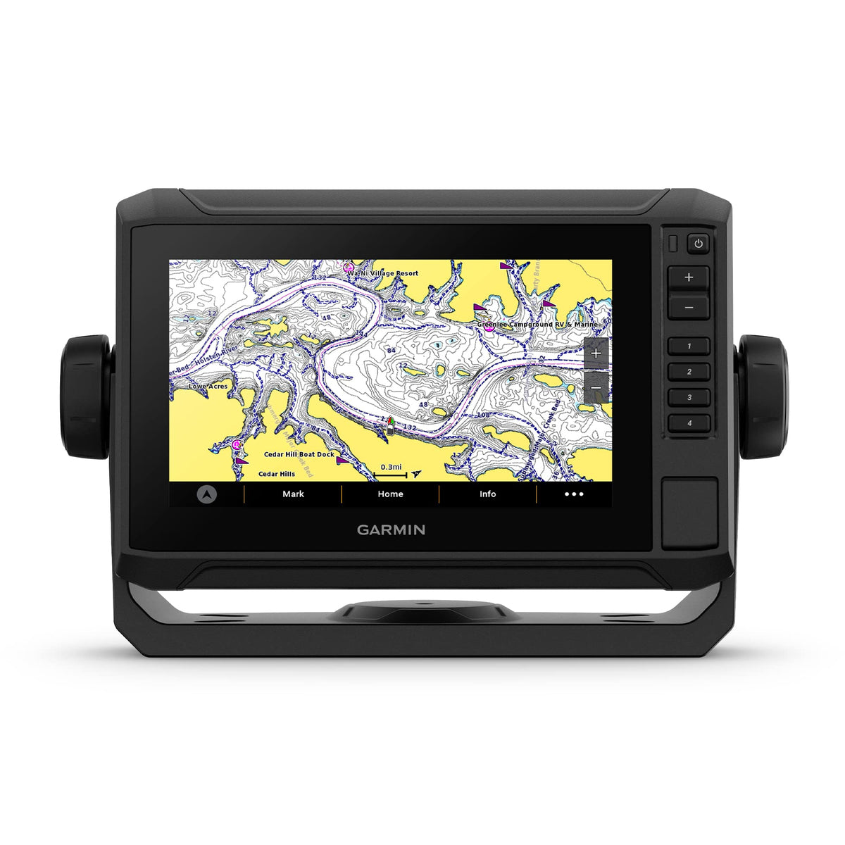 Garmin ECHOMAP UHD2 72sv display closeup highlighting sunlight‑readable touchscreen clarity
