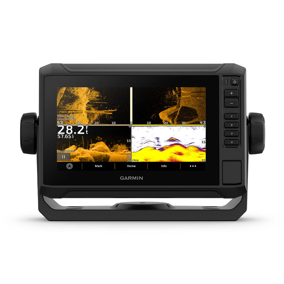Garmin ECHOMAP UHD2 74sv 7-inch touchscreen display supports easy on-water navigation.