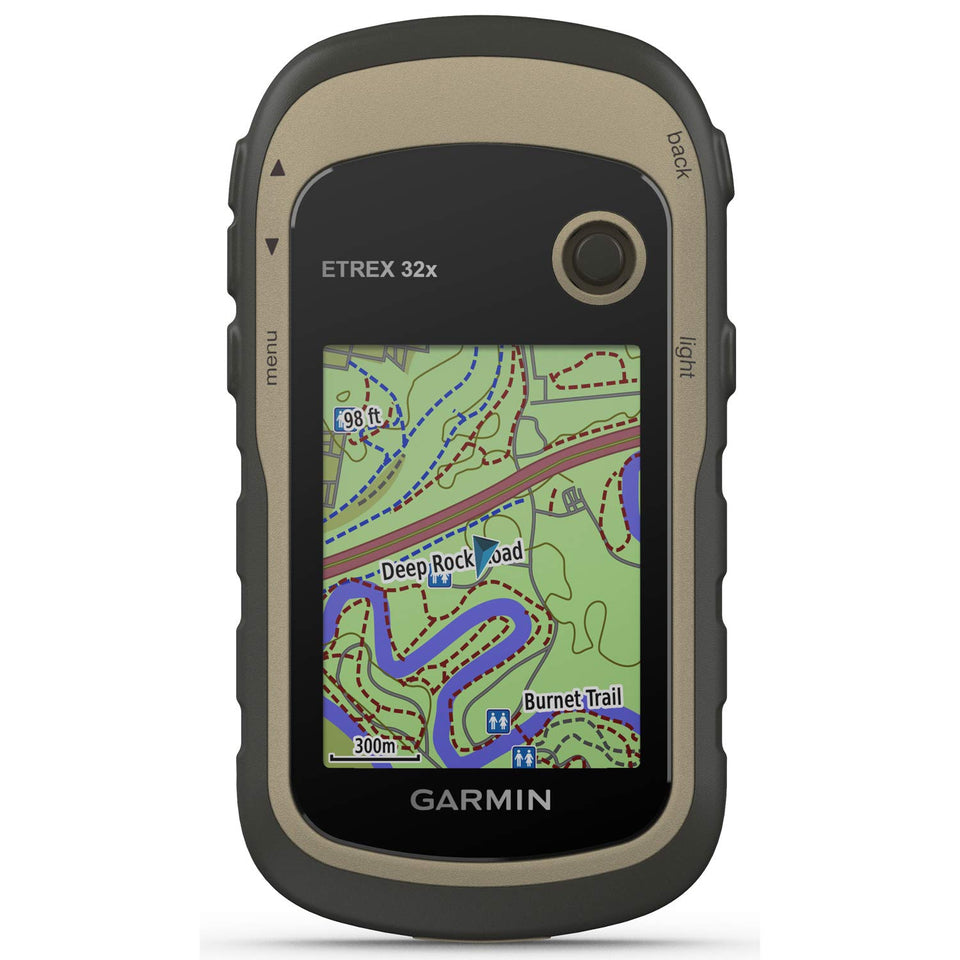 Garmin eTrex 32x rugged handheld GPS display in bright sun, ideal for outdoor navigation
