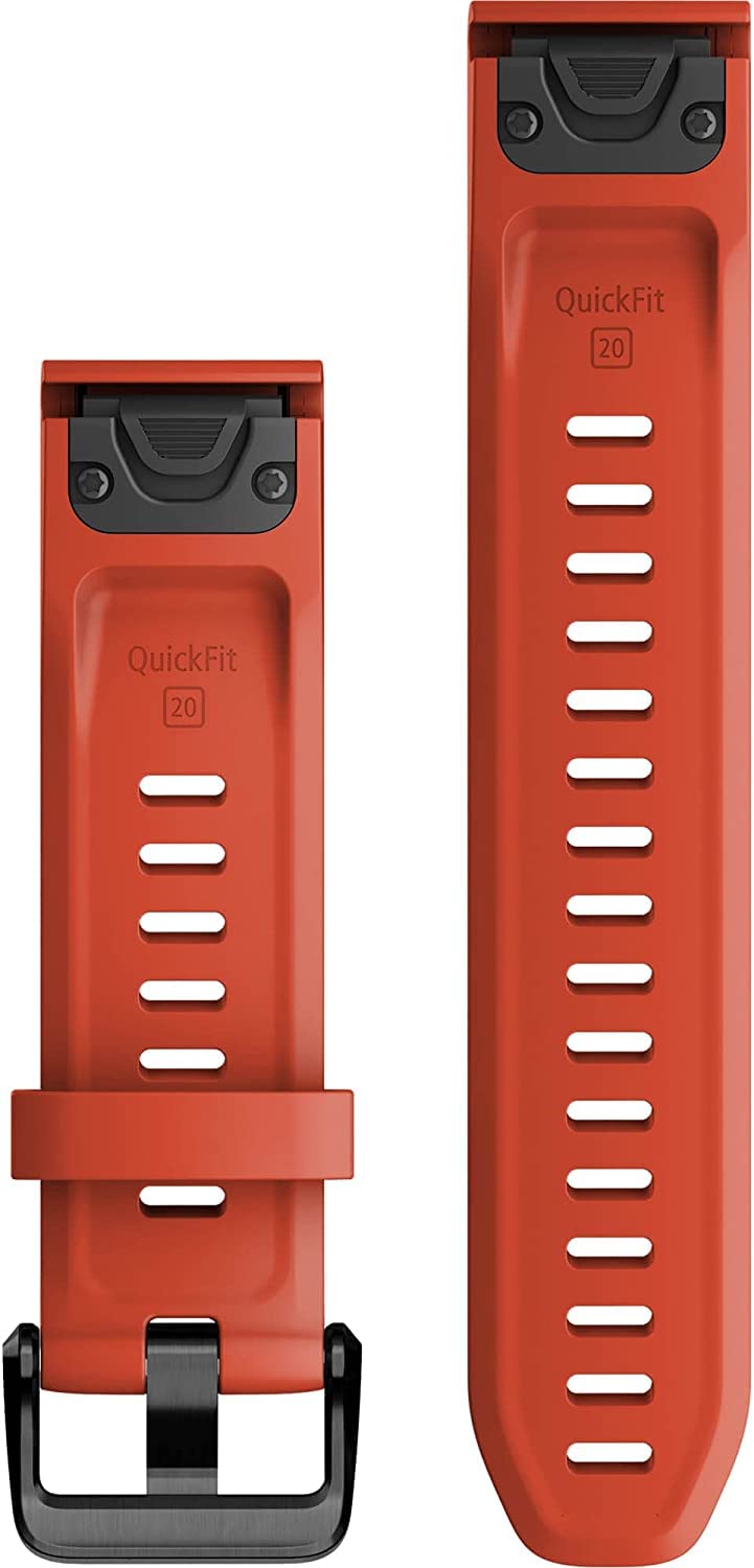Garmin flame red band attachment close-up highlighting quickfit pins and easy swap benefit