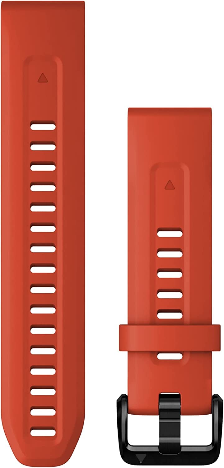 Garmin flame red silicone band front view showing vibrant color and secure fit benefit