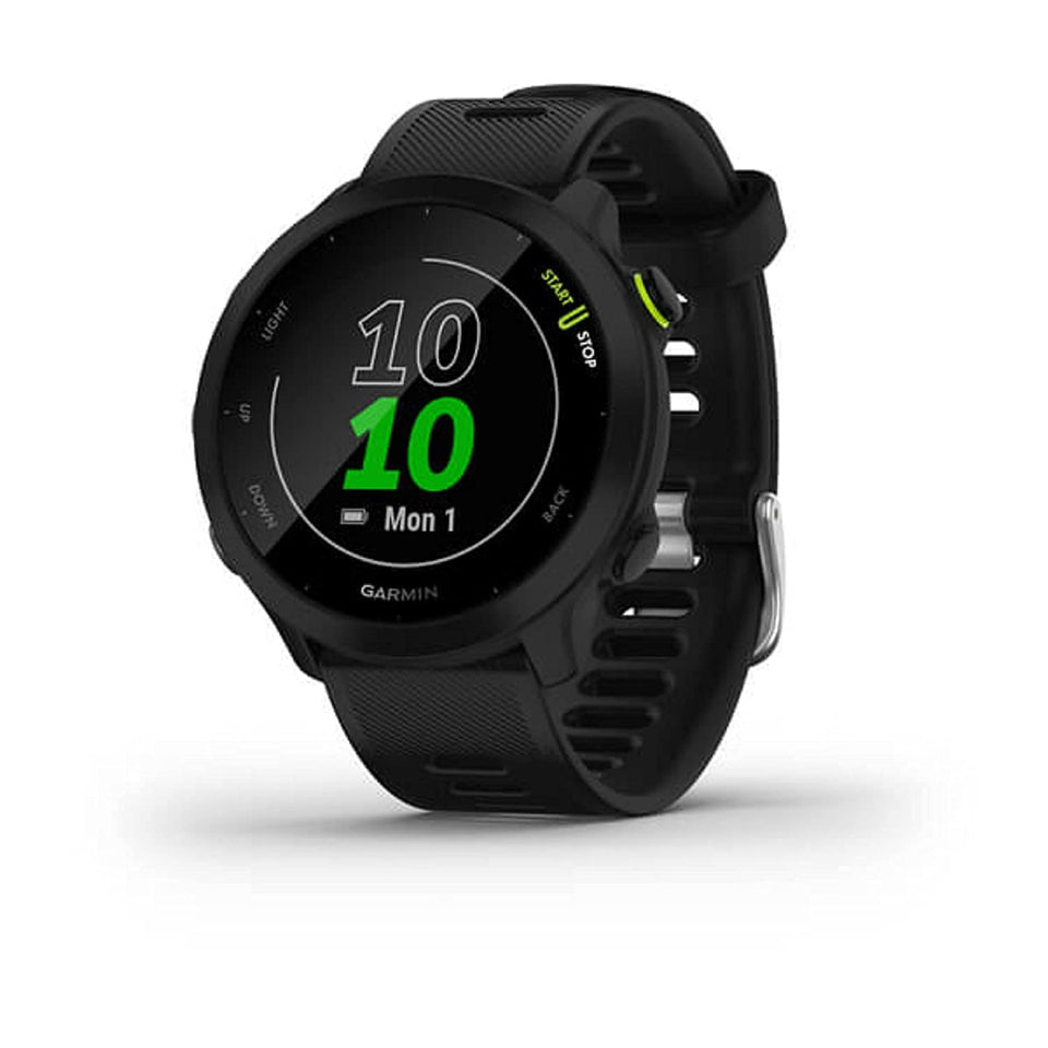 Garmin Forerunner 55 front view highlights compact design for everyday runs