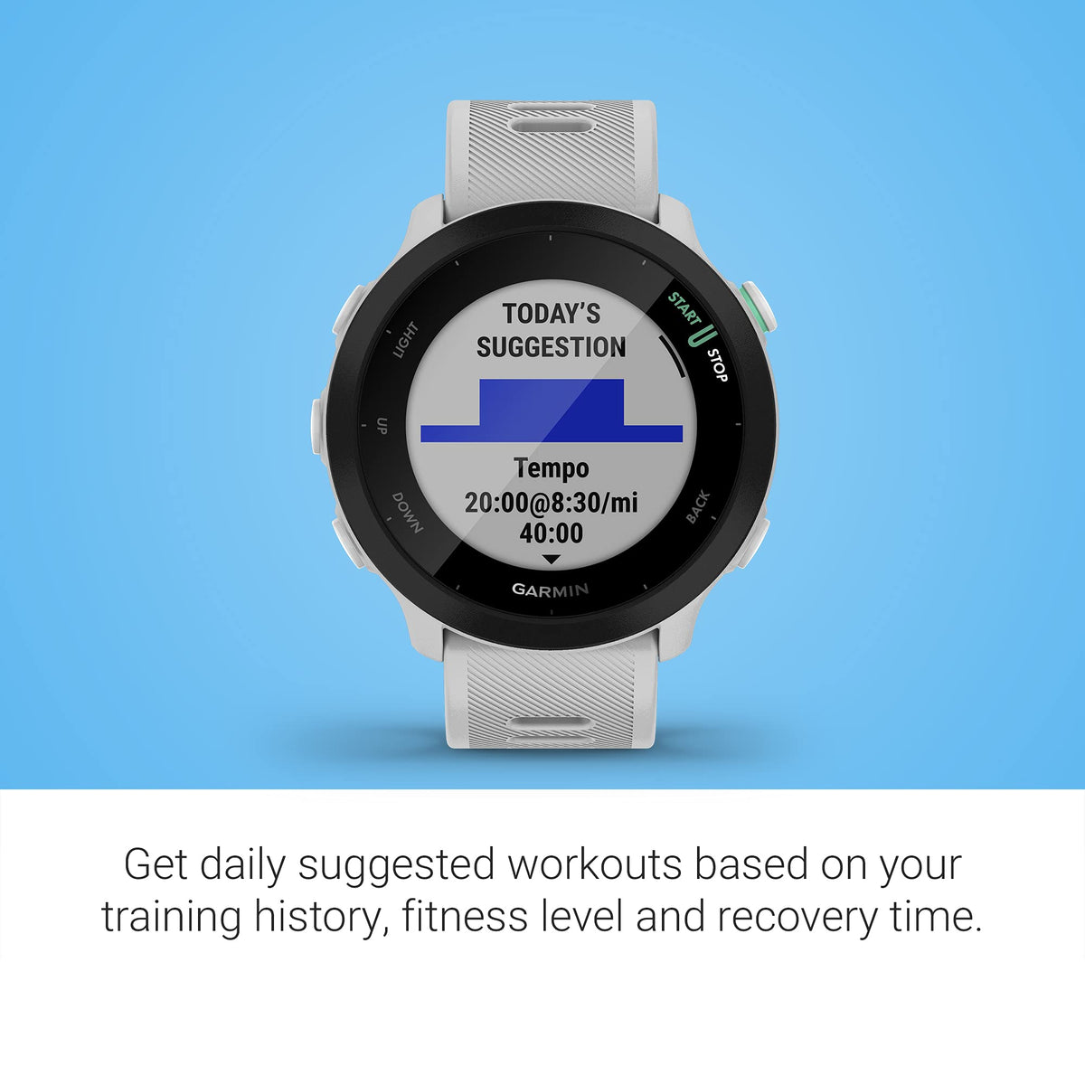 Garmin Forerunner 55 training tools help plan workouts and race predictions.