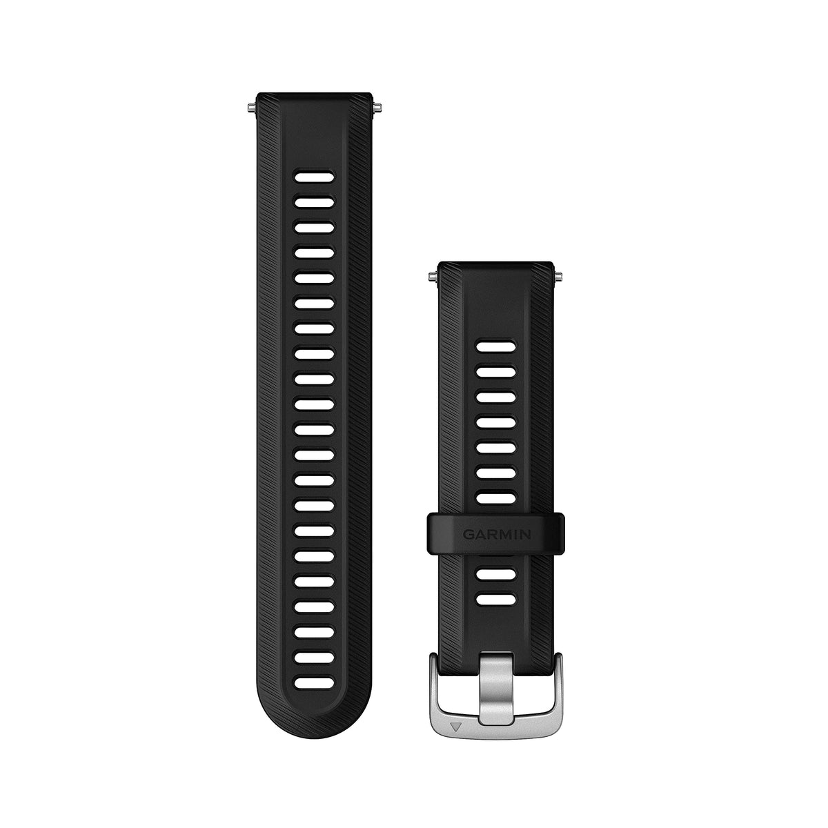 Garmin Forerunner 955 band front view showing black strap and silver pins for secure fit