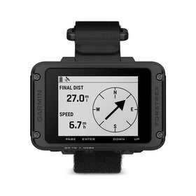 Garmin Foretrex 801 wrist-mounted GPS navigator with readable monochrome display in varied lighting.