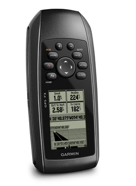 Garmin GPS 73 battery life graphic illustrating 18+ hours on AA cells.