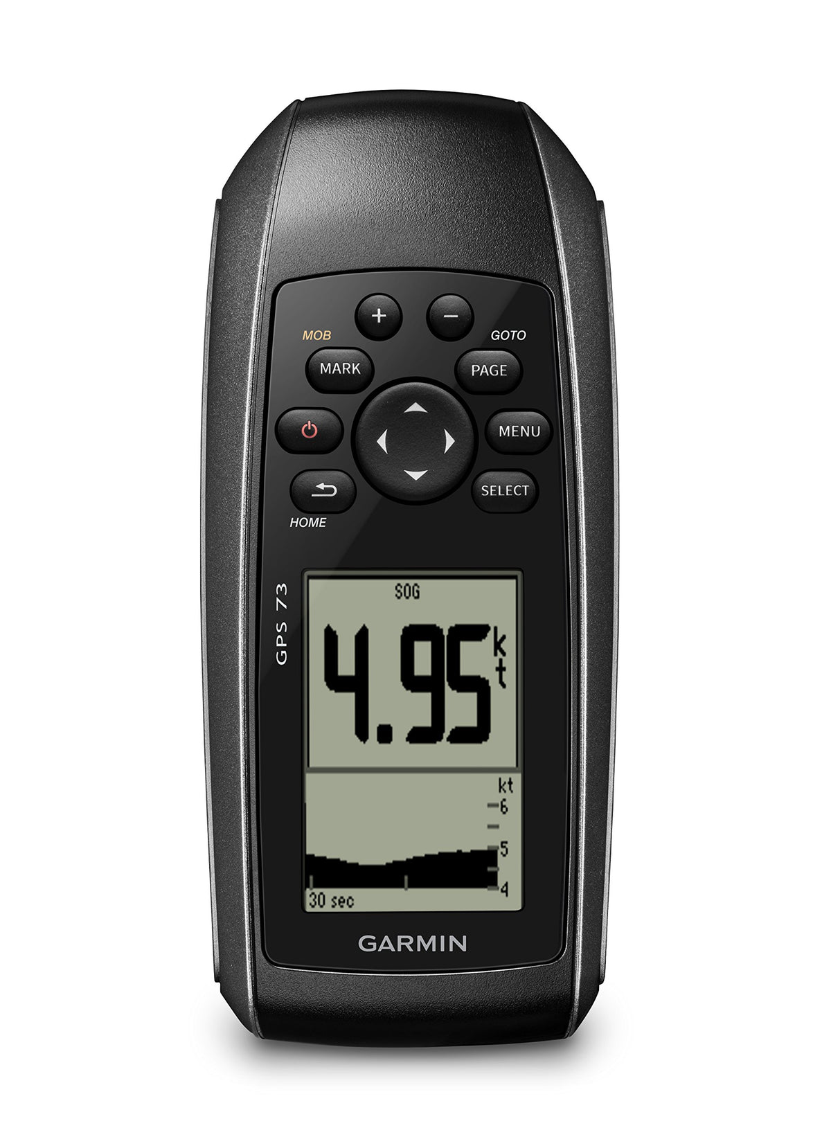 Garmin GPS 73 front view on deck showing compact handheld design.