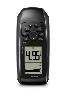 Garmin GPS 73 front view on deck showing compact handheld design.