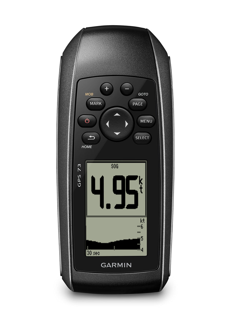 Garmin GPS 73 front view on deck showing compact handheld design.