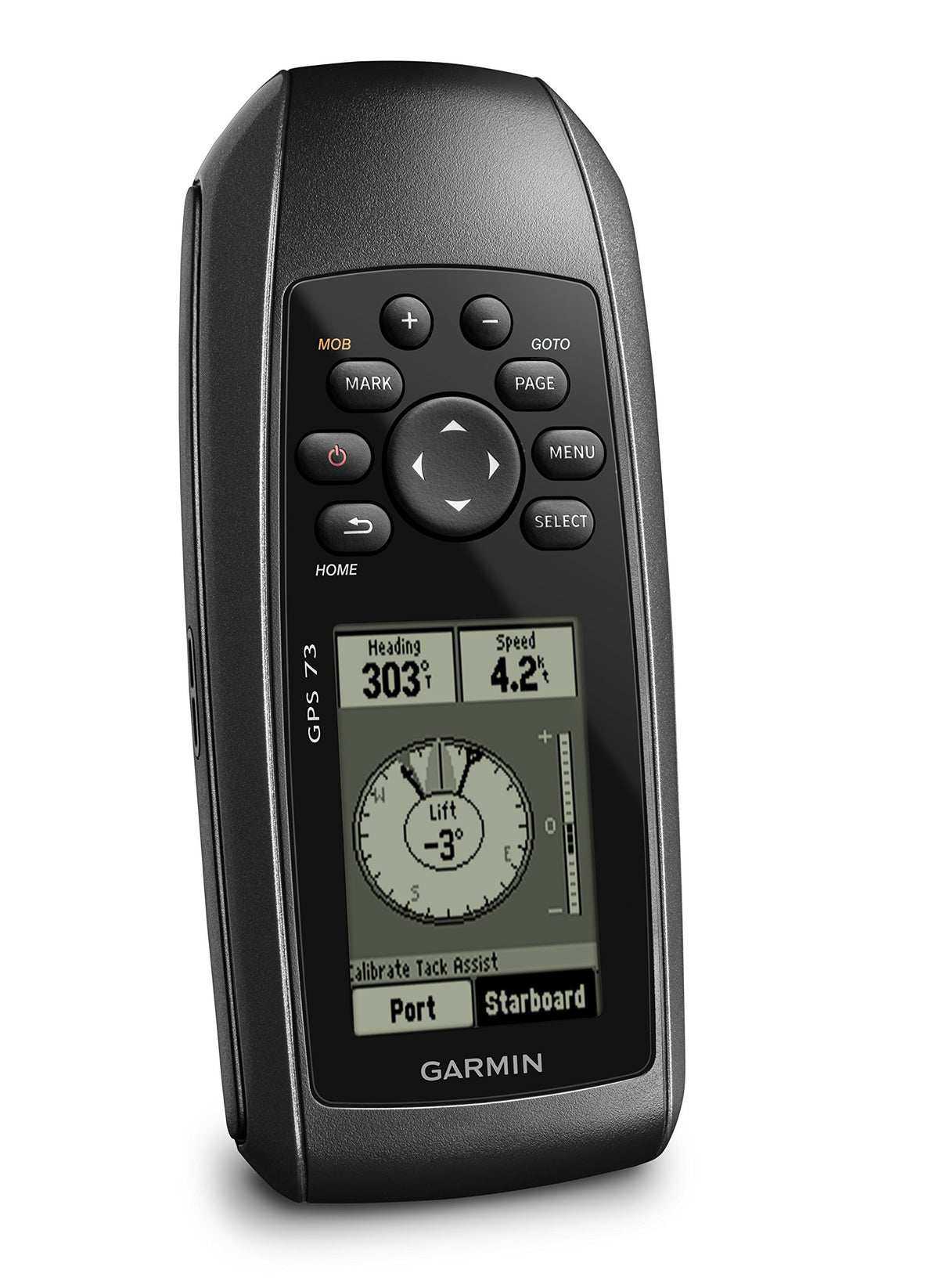 Garmin GPS 73 marine features icons highlighting MOB and alarms.