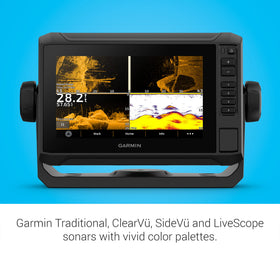 GT54‑TM transducer close-up illustrating traditional sonar and scanning views