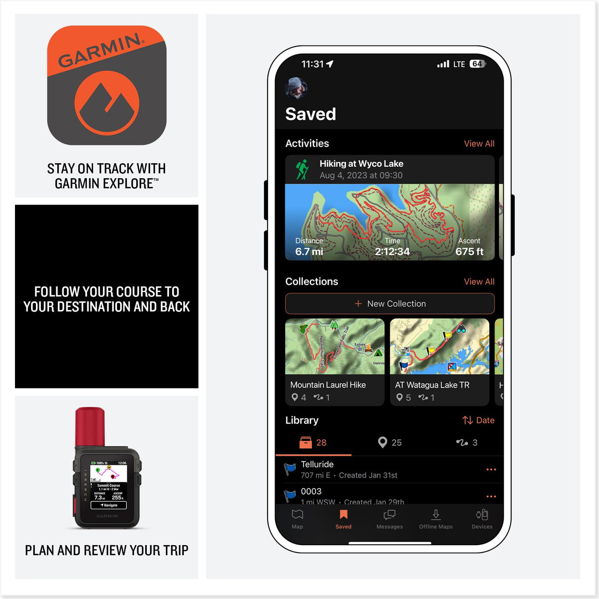 Garmin inReach Mini 3 Plus live tracking shares your route with friends and family.