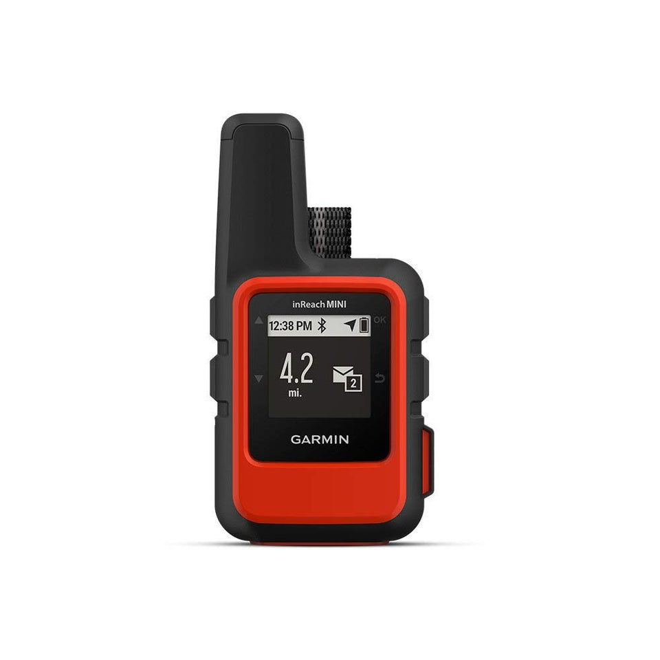 Garmin inReach Mini orange front view; compact satellite communicator enabling global messaging.