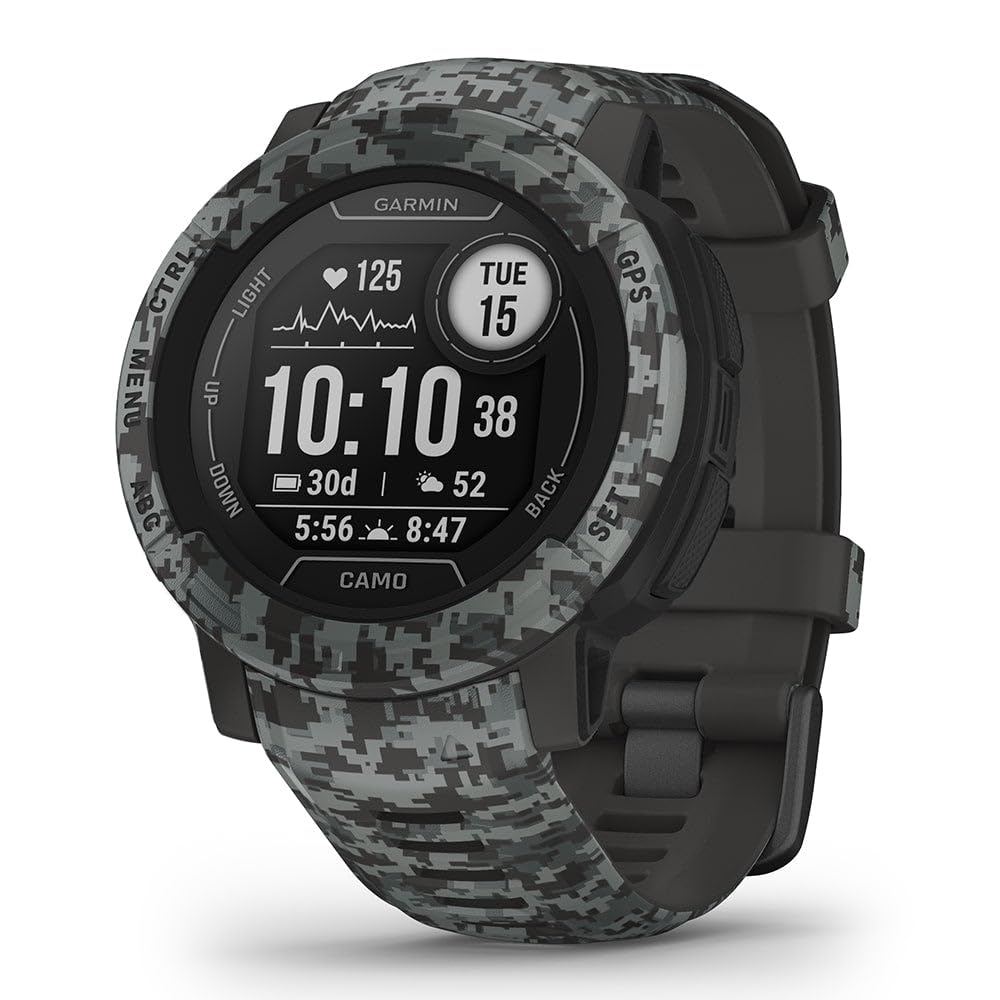 Garmin Instinct 2 Camouflage Edition front view, rugged outdoor companion for all-weather adventures and navigation.