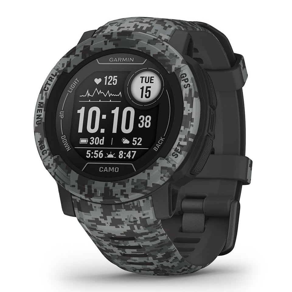 Garmin Instinct 2 Camouflage Edition front view, rugged outdoor companion for all-weather adventures and navigation.